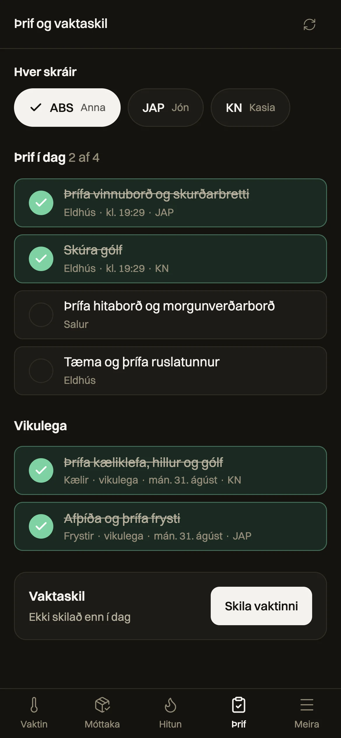 Þrif og vaktaskil í Eldhúsi