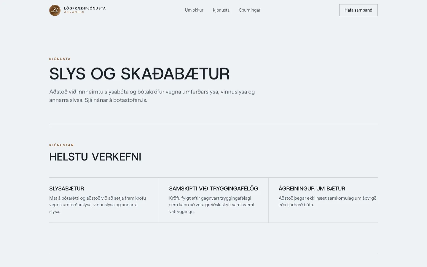 Síðan Slys og skaðabætur á logak.is: fyrirsögn, stutt lýsing og helstu verkefni í þremur dálkum