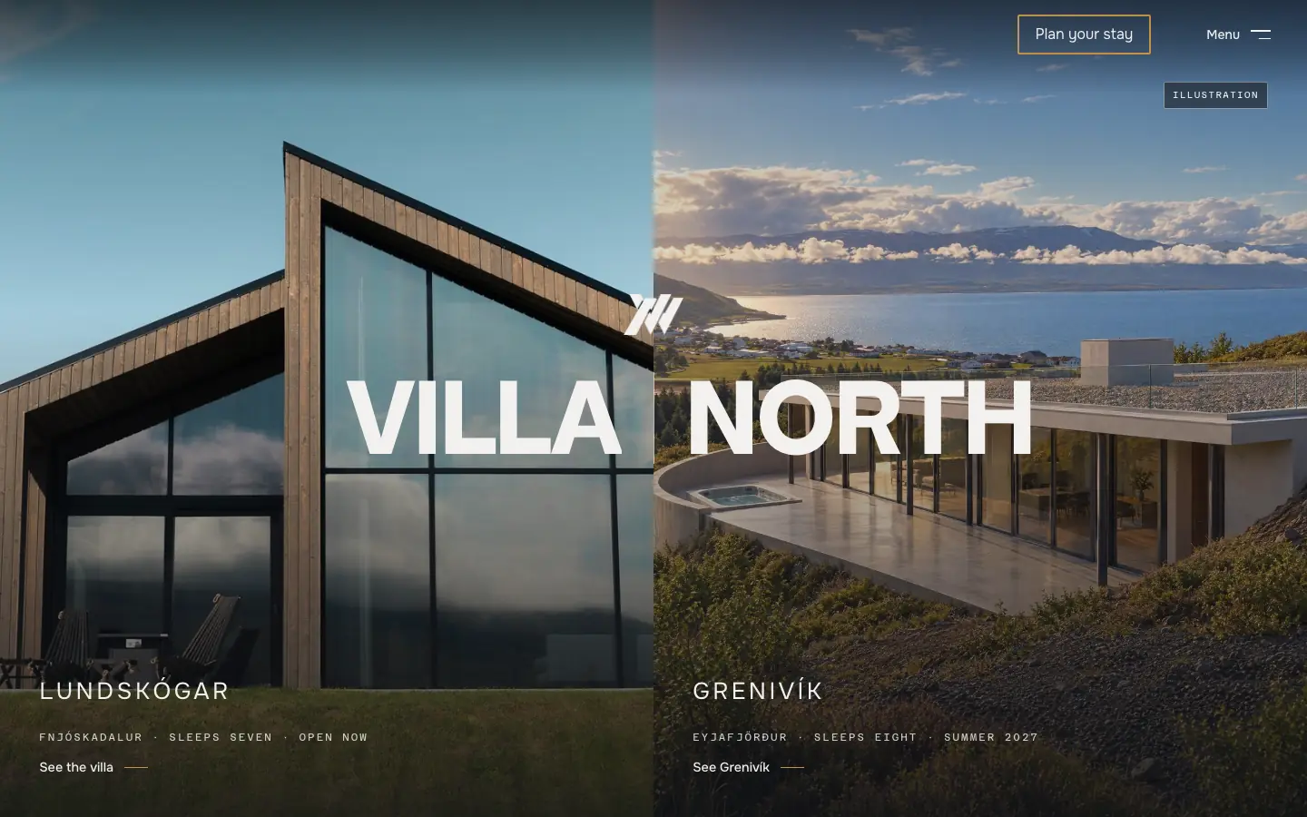 Forsíða villanorth.is: timburhúsið í Lundskógi og tölvuteikning af húsinu á Grenivík yfir Eyjafirði, undir nafninu Villa North